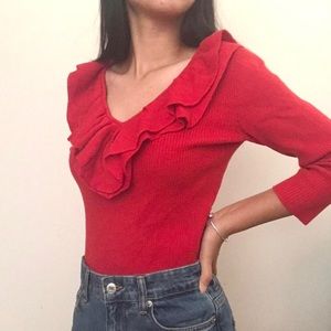 Red Ruffle Neck Vintage Blouse